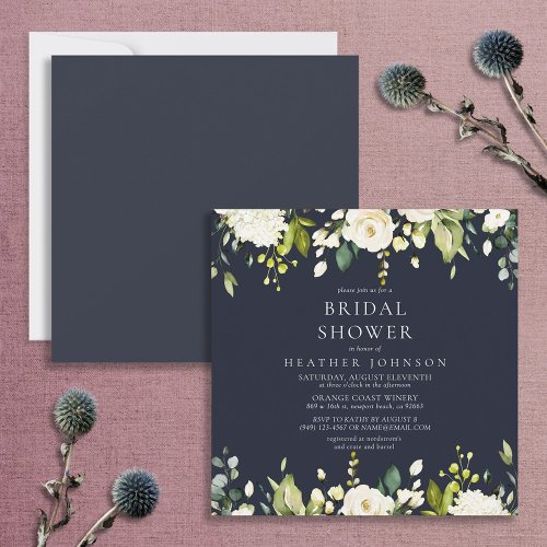 Square Blue  White Floral Drop Bridal Shower Invitation