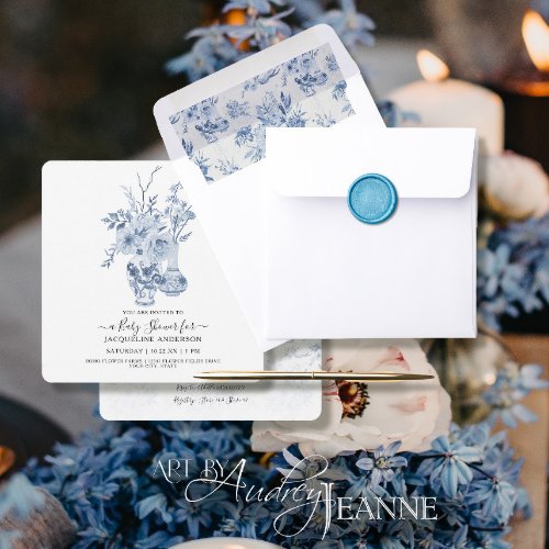 Square Blue White Floral Elegant Baby Girl Shower Envelope Liner