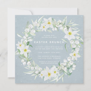 Square Blue + White Floral Wreath Easter Brunch Invitation