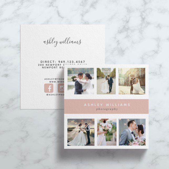 Square Blush Pink Photo Collage Photographer Square Business Card