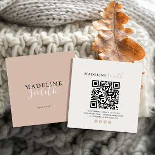 Square Boho Beige Script QR code Business Card