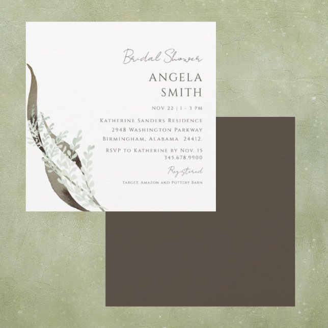 Square Botanical Brown Accent Bridal Shower Invitation (Creator Uploaded)