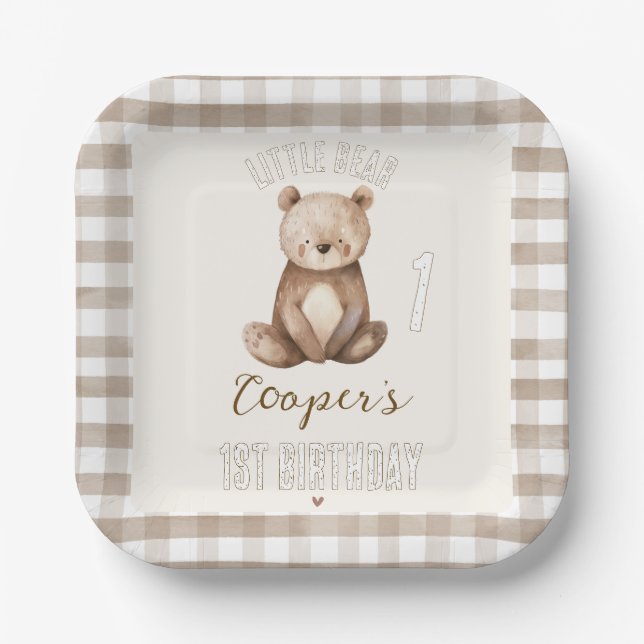 Square Brown Arch Our Little Bear 1st Birthday Paper Plates (Front)