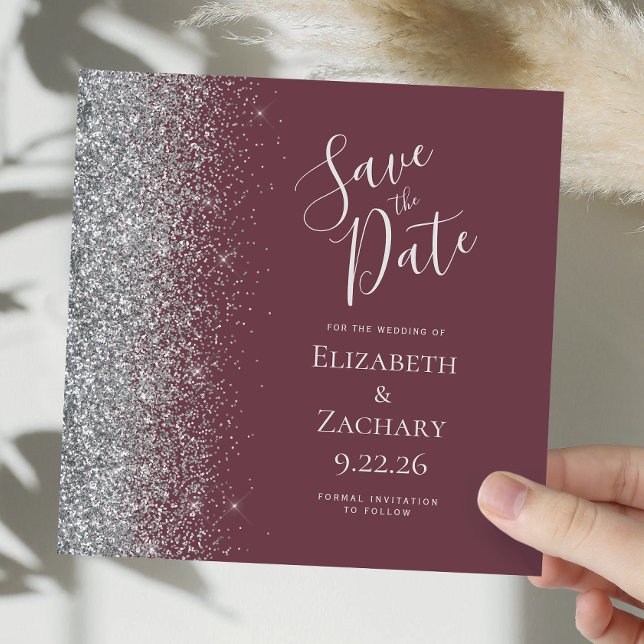 Square Burgundy Silver Glitter Save the Date Announcement (Creator Uploaded)