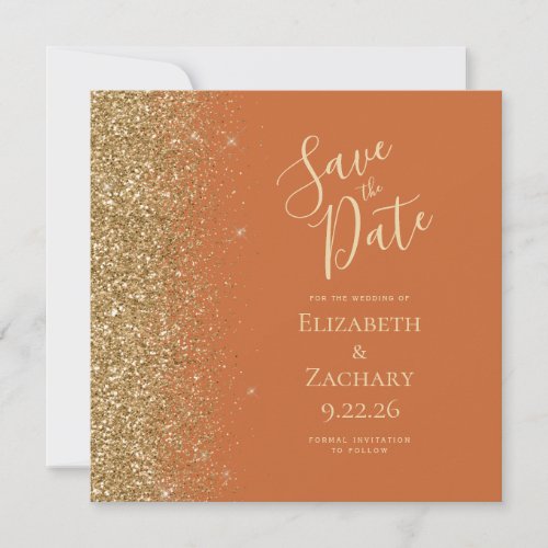Square Burnt Orange Gold Glitter Save the Date Announcement
