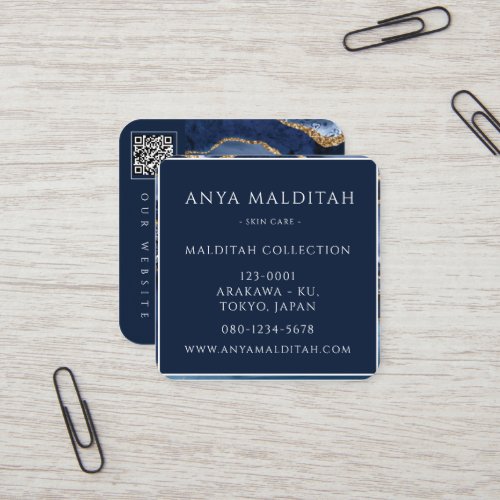 Square Business Card with QR Code in Navy Blue