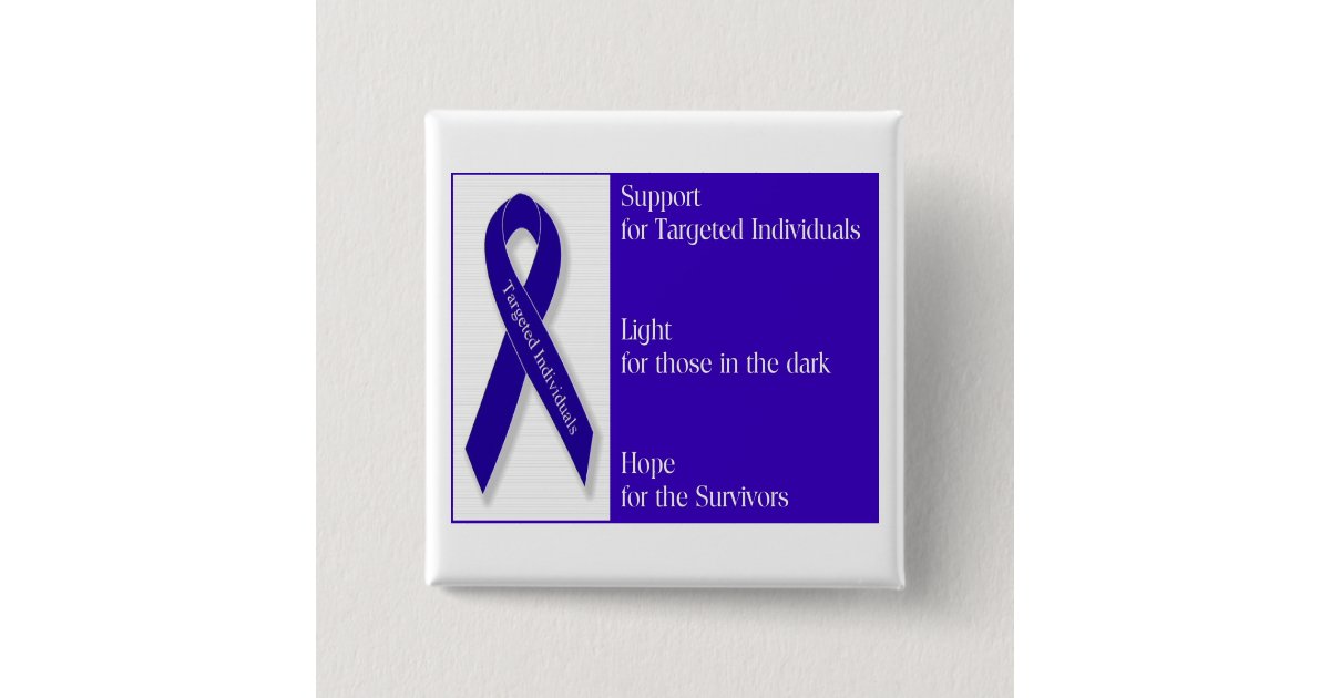 Square Button with Indigo Ribbon Logo | Zazzle
