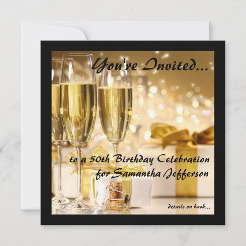 Square Champagne Sparkle Golden 50th Birthday Invitation