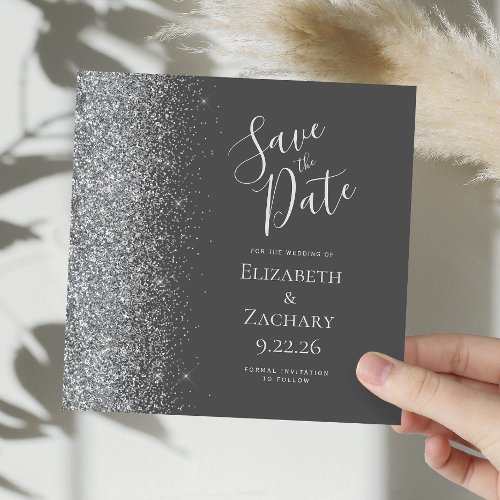 Square Charcoal Gray Silver Glitter Save the Date Announcement