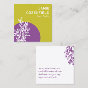 Square Chartreuse Purple Greenery Line Art Business Card