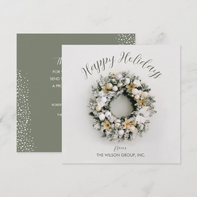 Square Christmas Wreath Business Thank You Holiday Card (Front/Back)