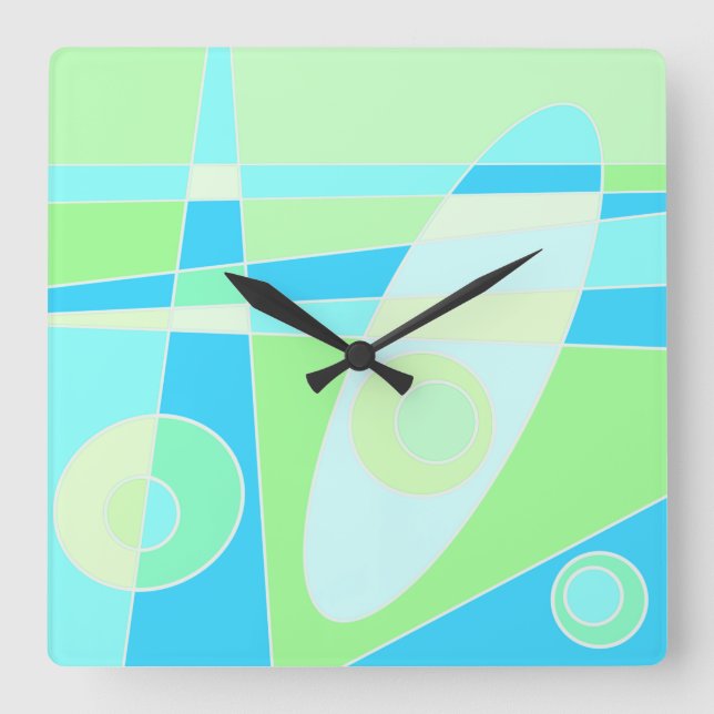 Square Clock Abstract Surfing Pastel Blue Green (Front)