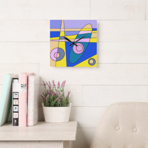 Square Clock Abstract Surfing Yellow Blue