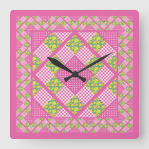 Square Clock: Pink: Primroses, Polka Dots, Gingham Square Wall Clock