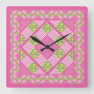 Square Clock: Pink: Primroses, Polka Dots, Gingham Square Wall Clock