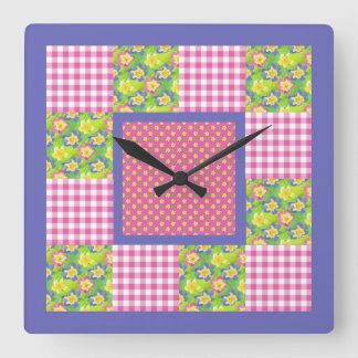Square Clock: Pink: Primroses, Polka Dots, Gingham Square Wall Clock