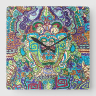 square clock with funky design in cool colors