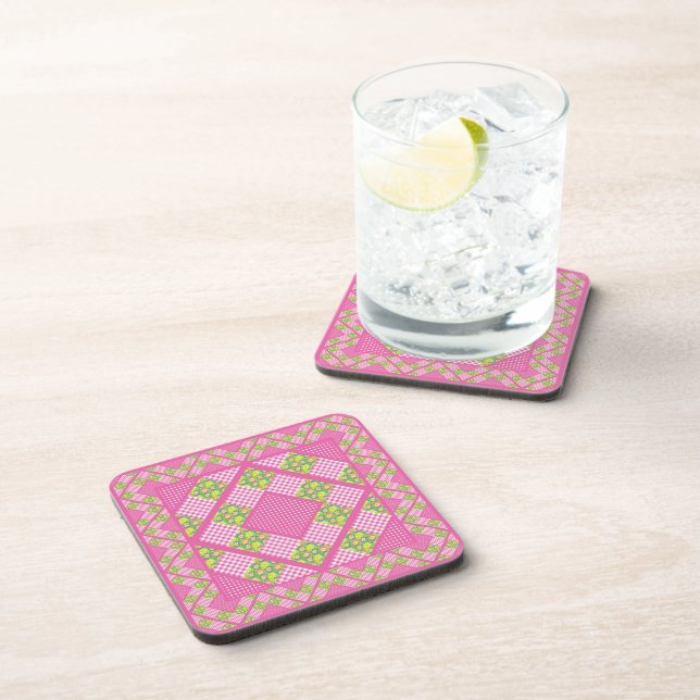 Square Coaste: Pink, Primroses, Polkas and Gingham Beverage Coaster (Right Side)