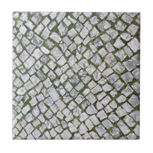 Square Cobblestone Rock Pattern with Green Moss Ceramic Tile