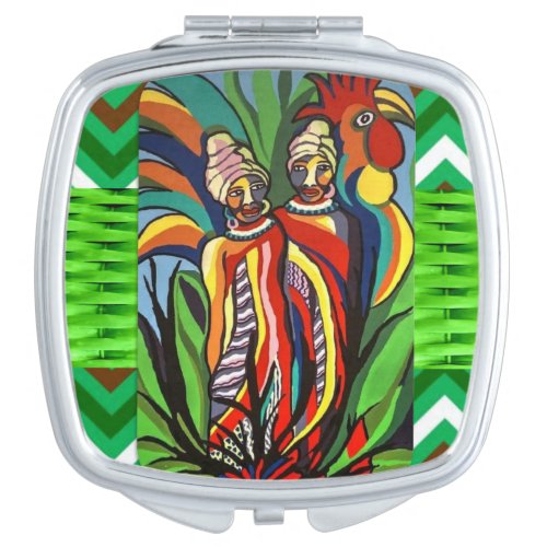 Square Compact Mirror African Women Parrot
