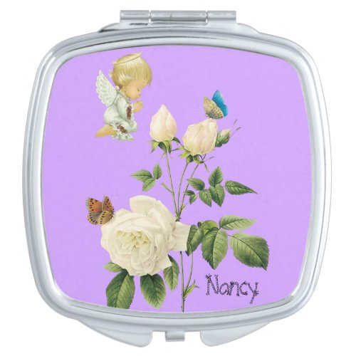 Square Compact Mirror Angel Rose Purple Floral