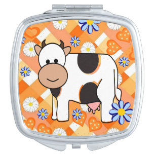 Square Compact Mirror Cow Blue Flowers Floral