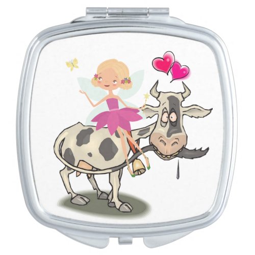 Square Compact Mirror Cow Fairy Pink Hearts