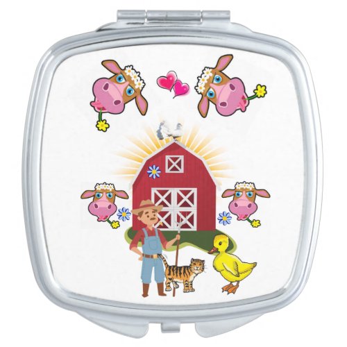 Square Compact Mirror Cow Farmer Cat Duck