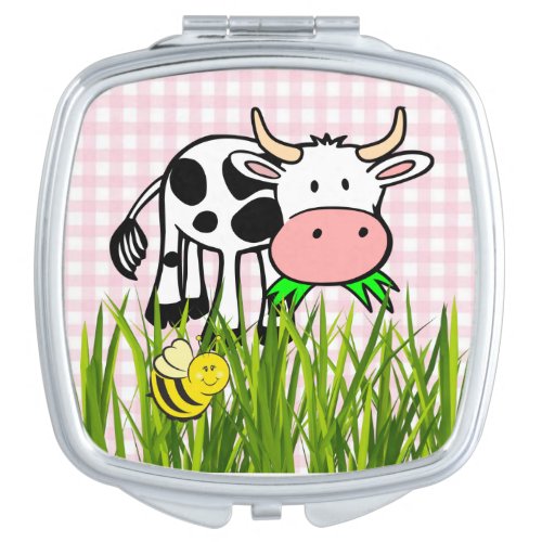 Square Compact Mirror Cow Pink Plaid Bumblebee
