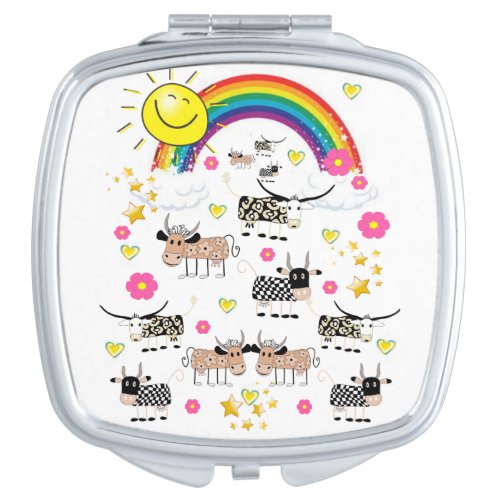 Square Compact Mirror Cow Rainbow Floral