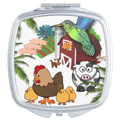 Square Compact Mirror Farm Pigs Cow Chickens