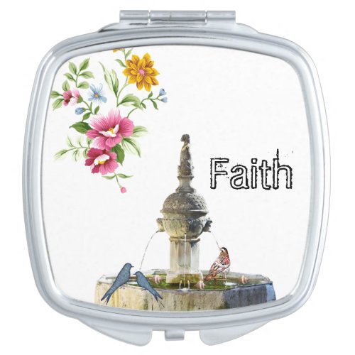 Square Compact Mirror Floral Blue Birds Fountain