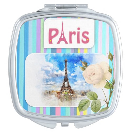 Square Compact Mirror Paris France Stripe Floral