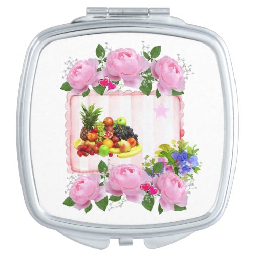 Square Compact Mirror Pink Roses Fruit