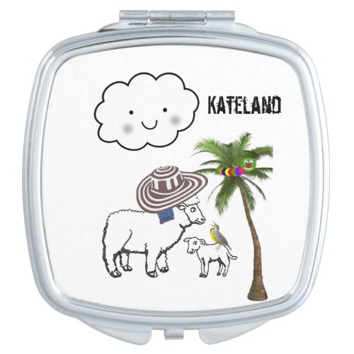Square Compact Mirror Sheep Palm Tree Clouds
