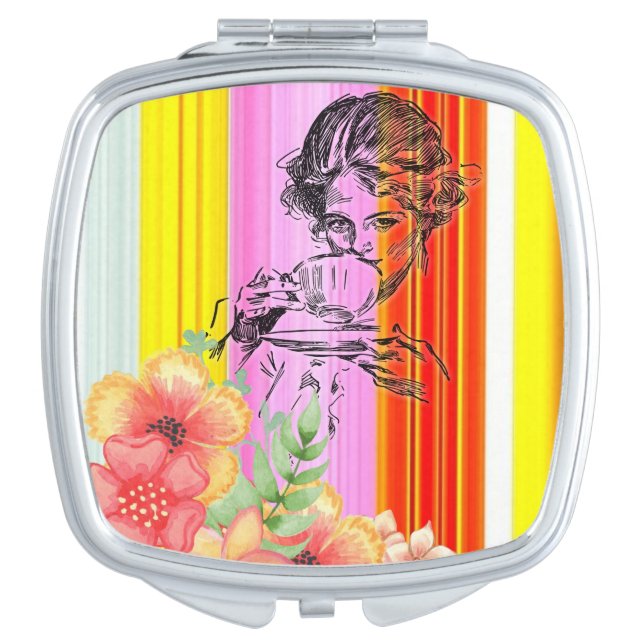 Square Compact Mirror Victorian Stripe Floral (Front)