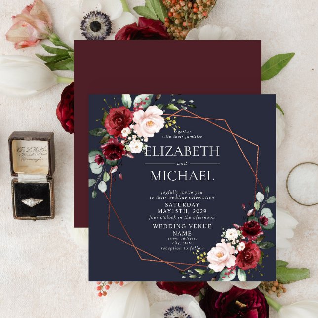 Square Copper Geometric Burgundy Blue Wedding Invitation (Creator Uploaded)