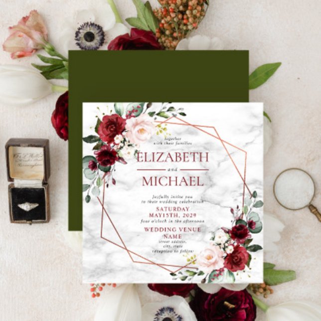 Square Copper Geometric Burgundy Marble Wedding Invitation (Creator Uploaded)