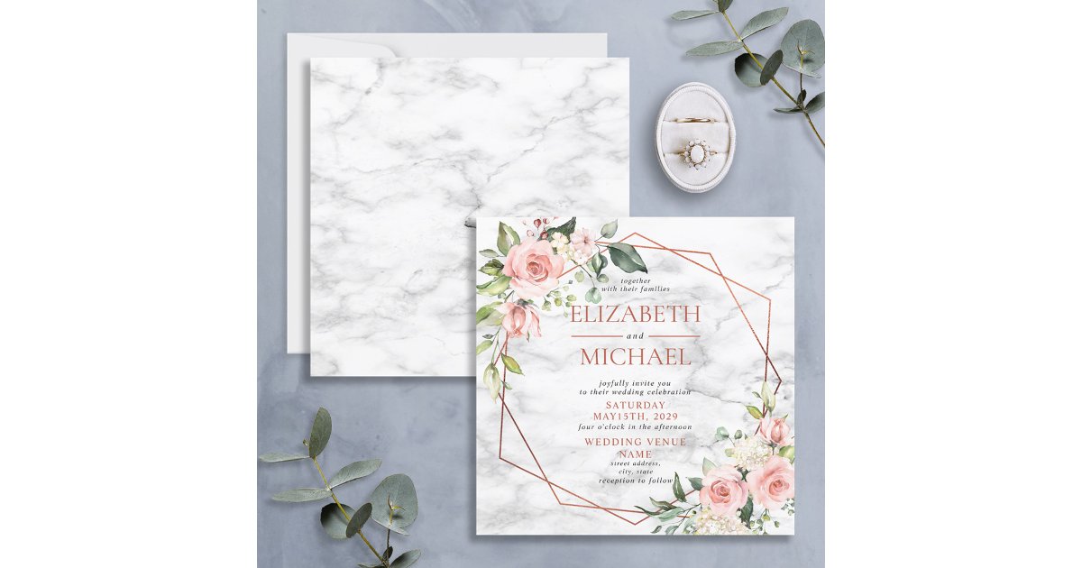 Square Copper Geometric Marble Pink Floral Wedding Invitation | Zazzle