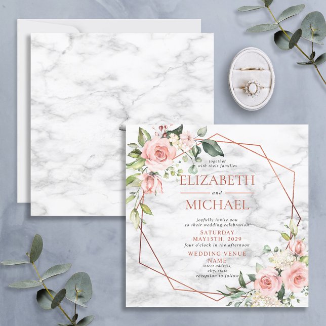 Square Copper Geometric Marble Pink Floral Wedding Invitation (Creator Uploaded)