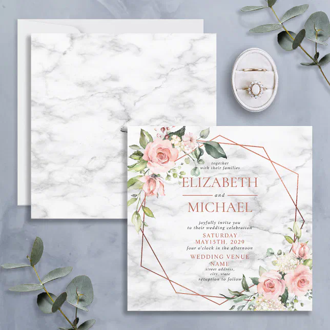 Square Copper Geometric Marble Pink Floral Wedding Invitation | Zazzle