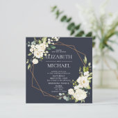 Square Copper Geometric Navy Blue Floral Photo Invitation (Standing Front)