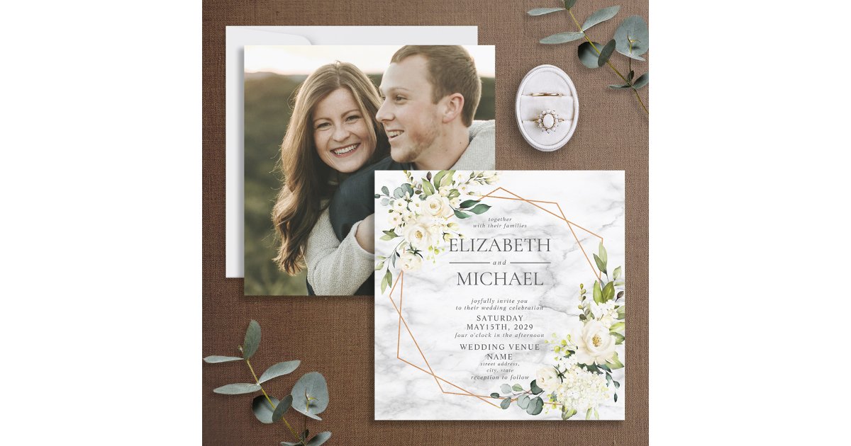 Square Copper Marble Geometric White Floral Photo Invitation | Zazzle