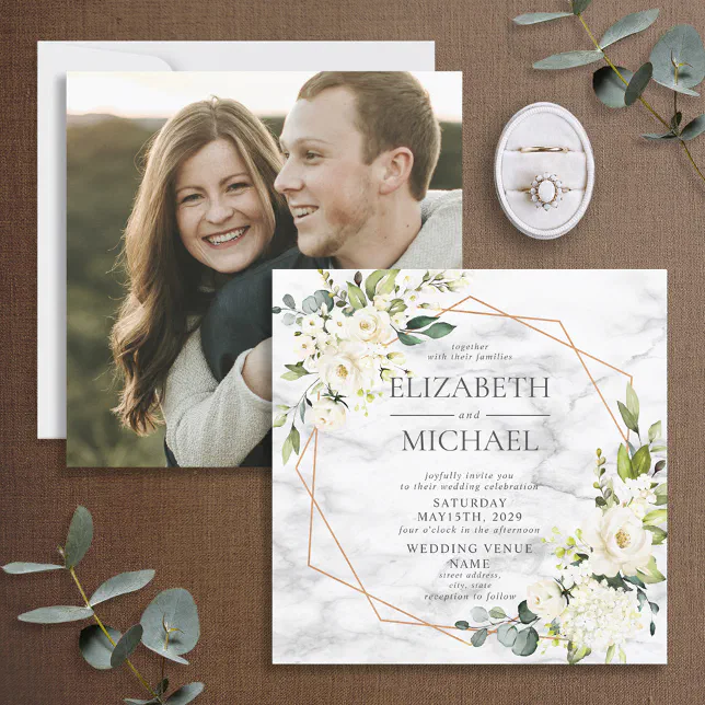 Square Copper Marble Geometric White Floral Photo Invitation | Zazzle