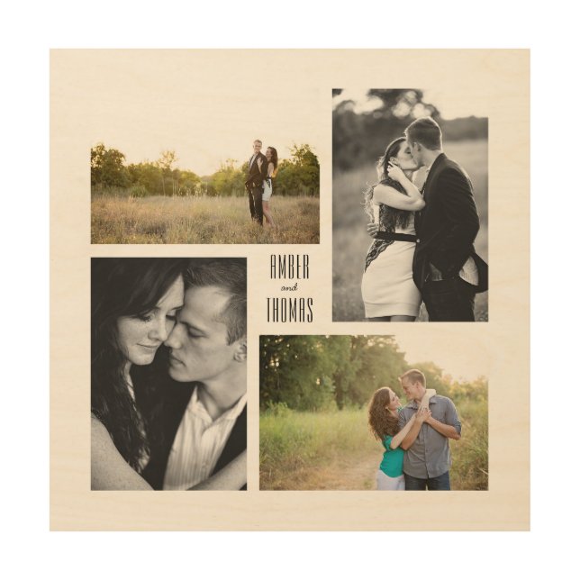 Square Couple 4-Photo Collage with Names Wood Wall Art (Front)