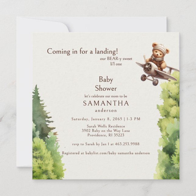 Square Cream Cute Bear Pilot Baby Shower Invitation (Front)