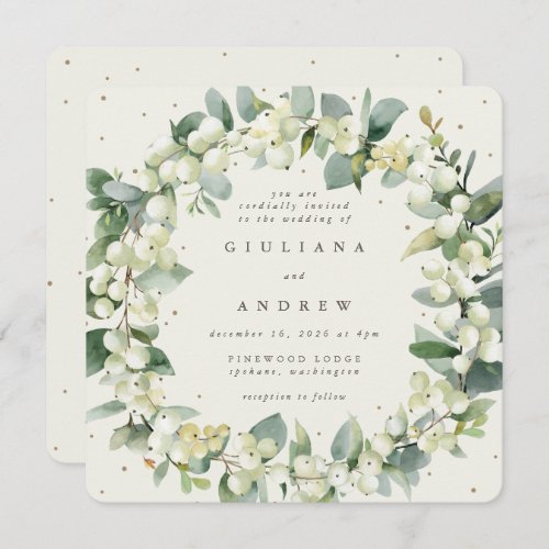 Square Cream SnowberryEucalyptus Wreath Wedding Invitation