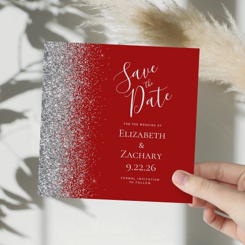 Square Crimson Red Silver Glitter Save the Date Announcement