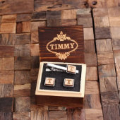 Square Cufflinks Set with Monogram Tie Bar (Front)
