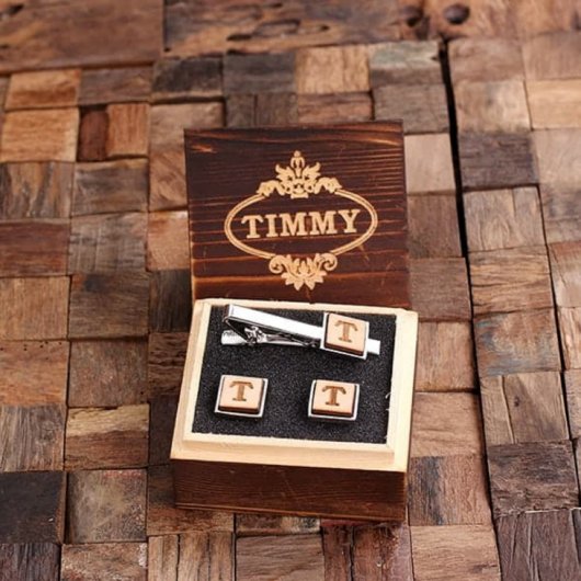 Square Cufflinks Set with Monogram Tie Bar (Front)